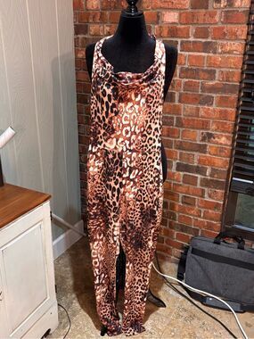 Fashion Nova womens leopard print halter neck jumpsuit brown XL